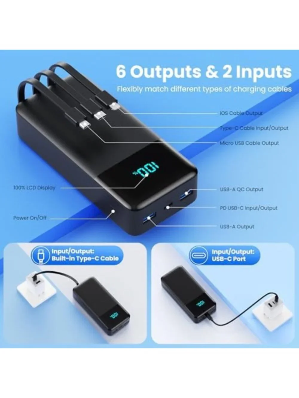 High-Capacity 50800mAh Portable Charger with Fast Charging, 6 Outputs & Built-in